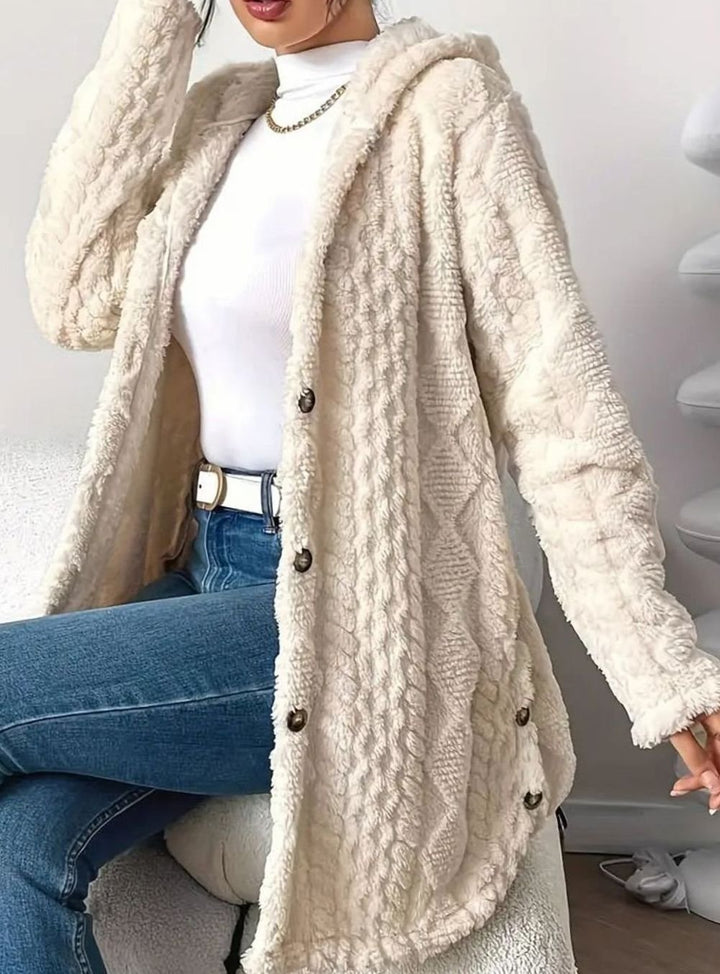Damen Plüsch-Strickjacke mit Kapuze und Knöpfen mittellang