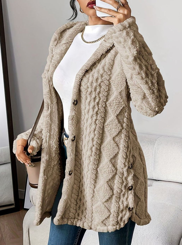 Damen Plüsch-Strickjacke mit Kapuze und Knöpfen mittellang - Khaki