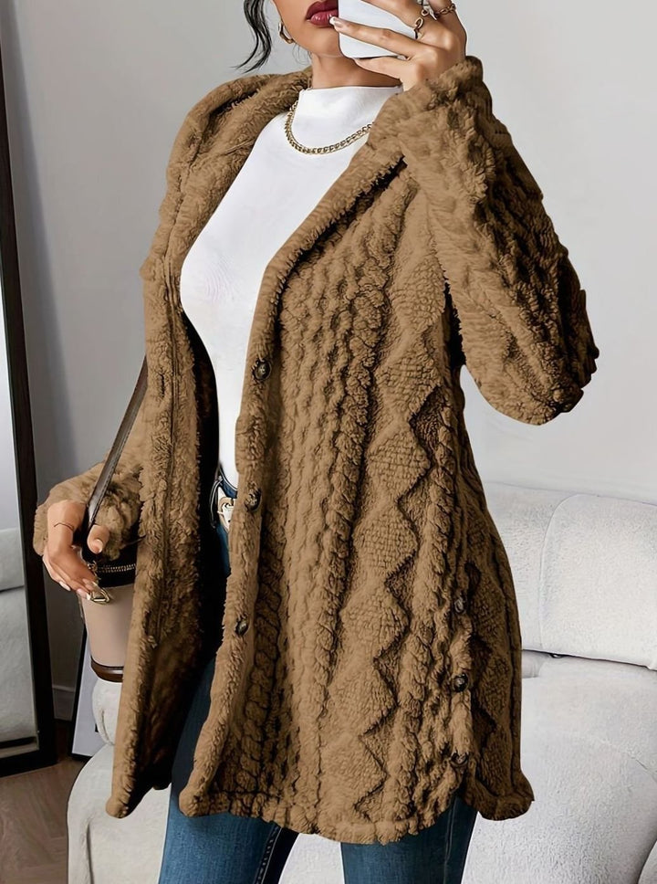 Damen Plüsch-Strickjacke mit Kapuze und Knöpfen mittellang - Braun