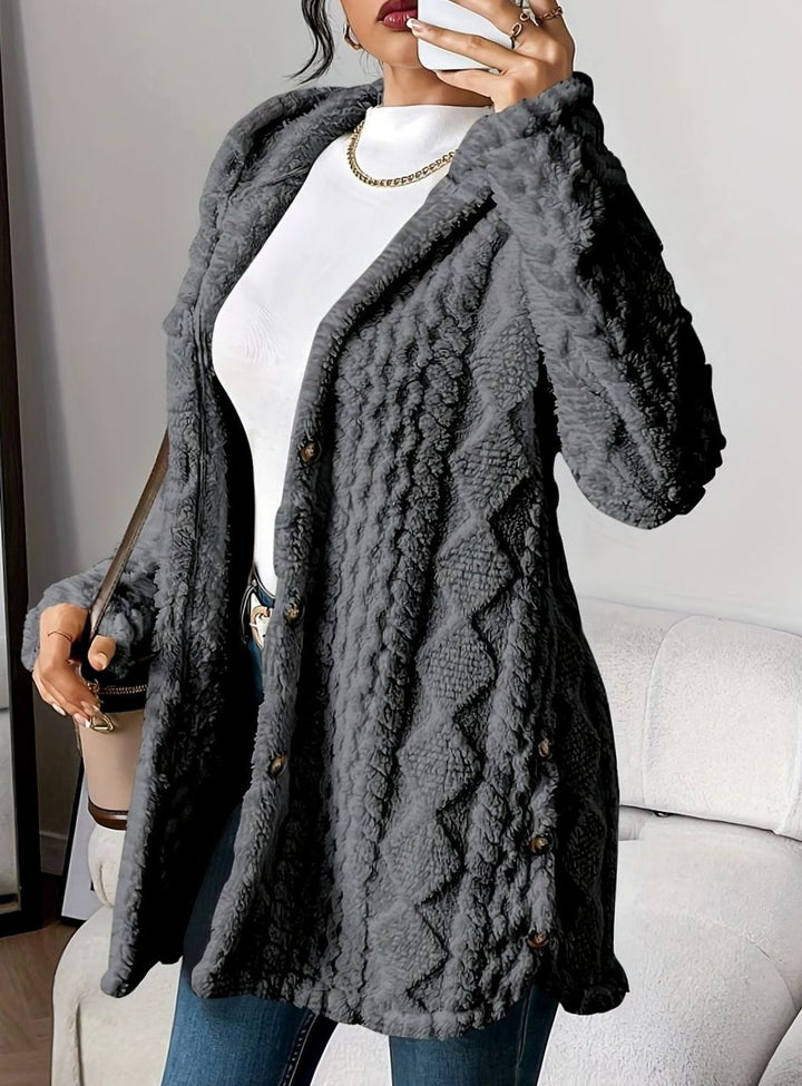 Damen Plüsch-Strickjacke mit Kapuze und Knöpfen mittellang - Grau