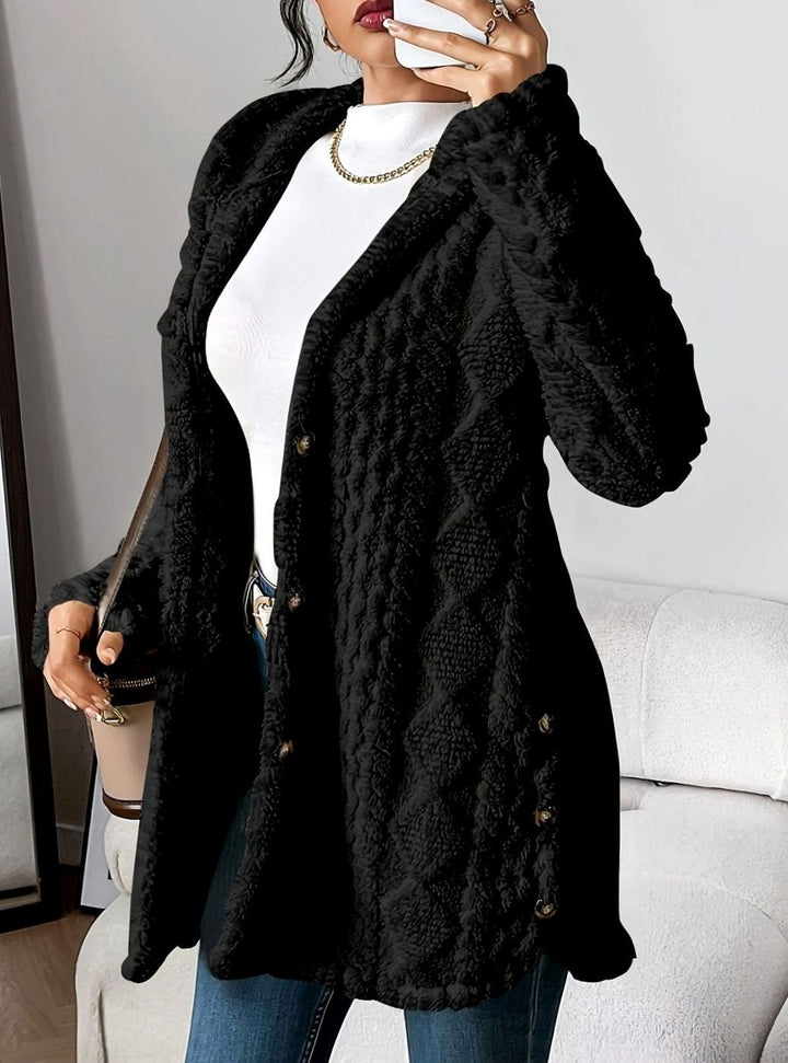 Damen Plüsch-Strickjacke mit Kapuze und Knöpfen mittellang - Schwarz