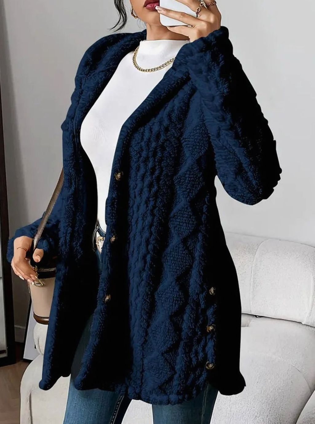 Damen Plüsch-Strickjacke mit Kapuze und Knöpfen mittellang - Marineblau