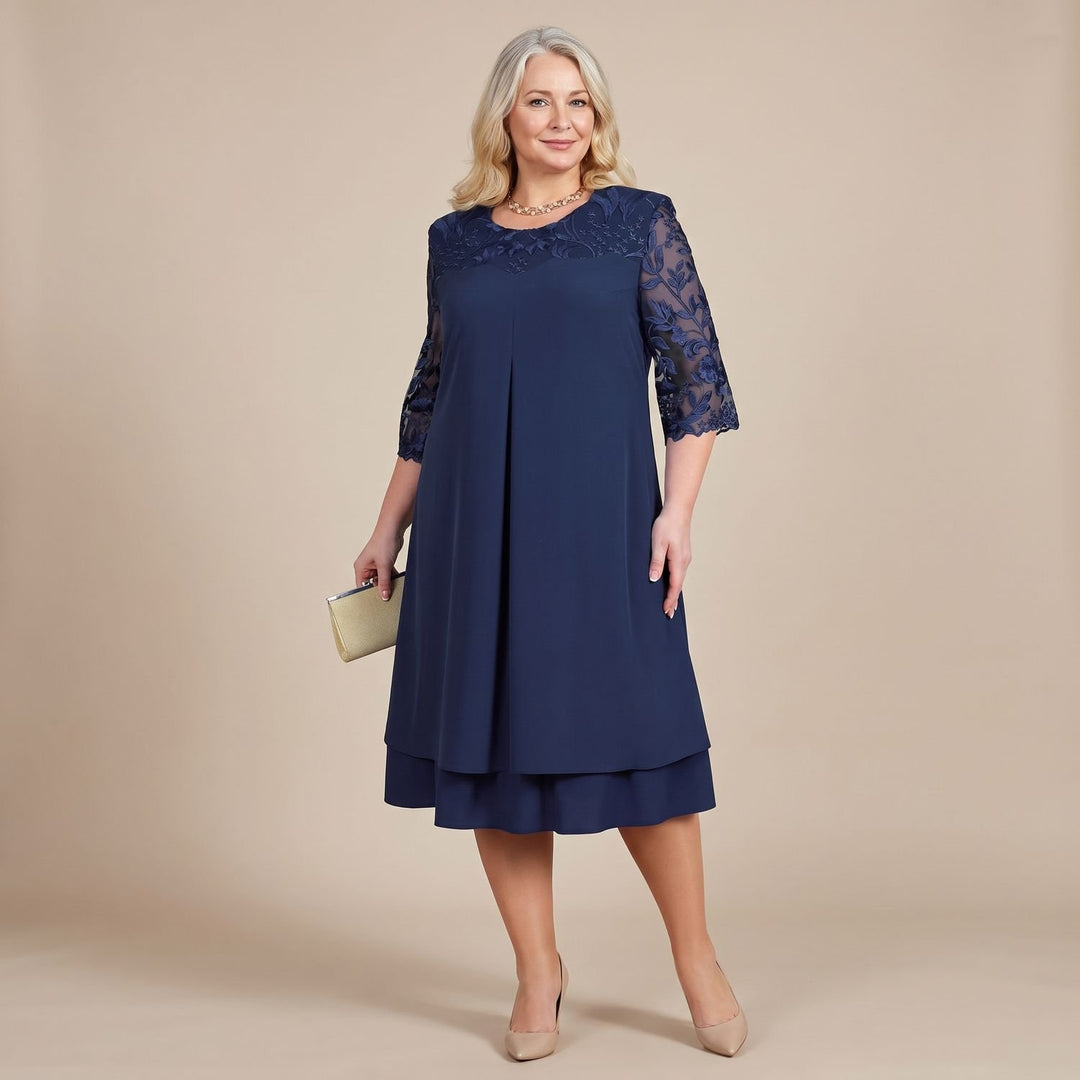 Damen Plus-Size elegantes Midi-Cocktailkleid mit Spitzenärmeln A-Linie - Marineblau