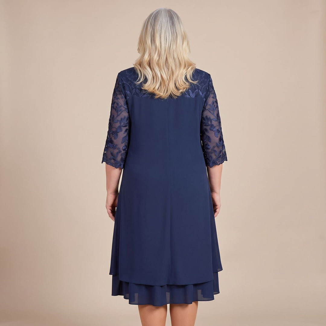 Damen Plus-Size elegantes Midi-Cocktailkleid mit Spitzenärmeln A-Linie