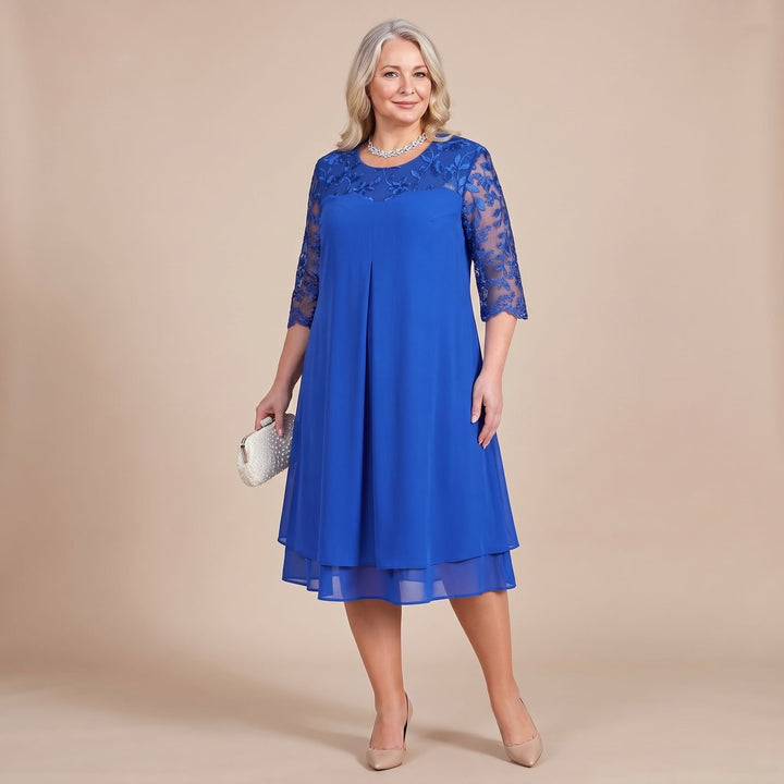 Damen Plus-Size elegantes Midi-Cocktailkleid mit Spitzenärmeln A-Linie - Blau
