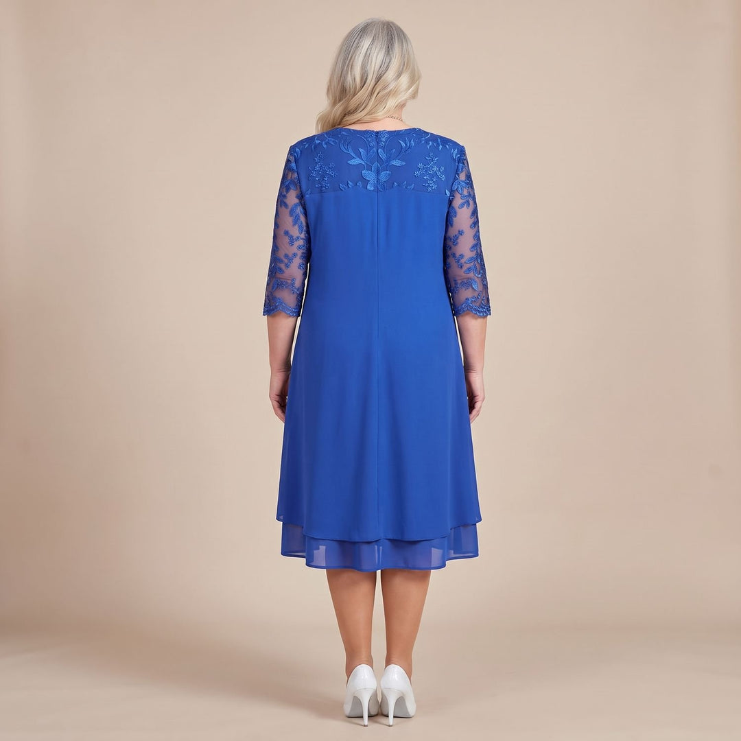 Damen Plus-Size elegantes Midi-Cocktailkleid mit Spitzenärmeln A-Linie