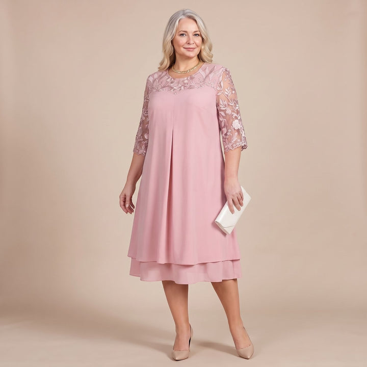Damen Plus-Size elegantes Midi-Cocktailkleid mit Spitzenärmeln A-Linie - Rosa