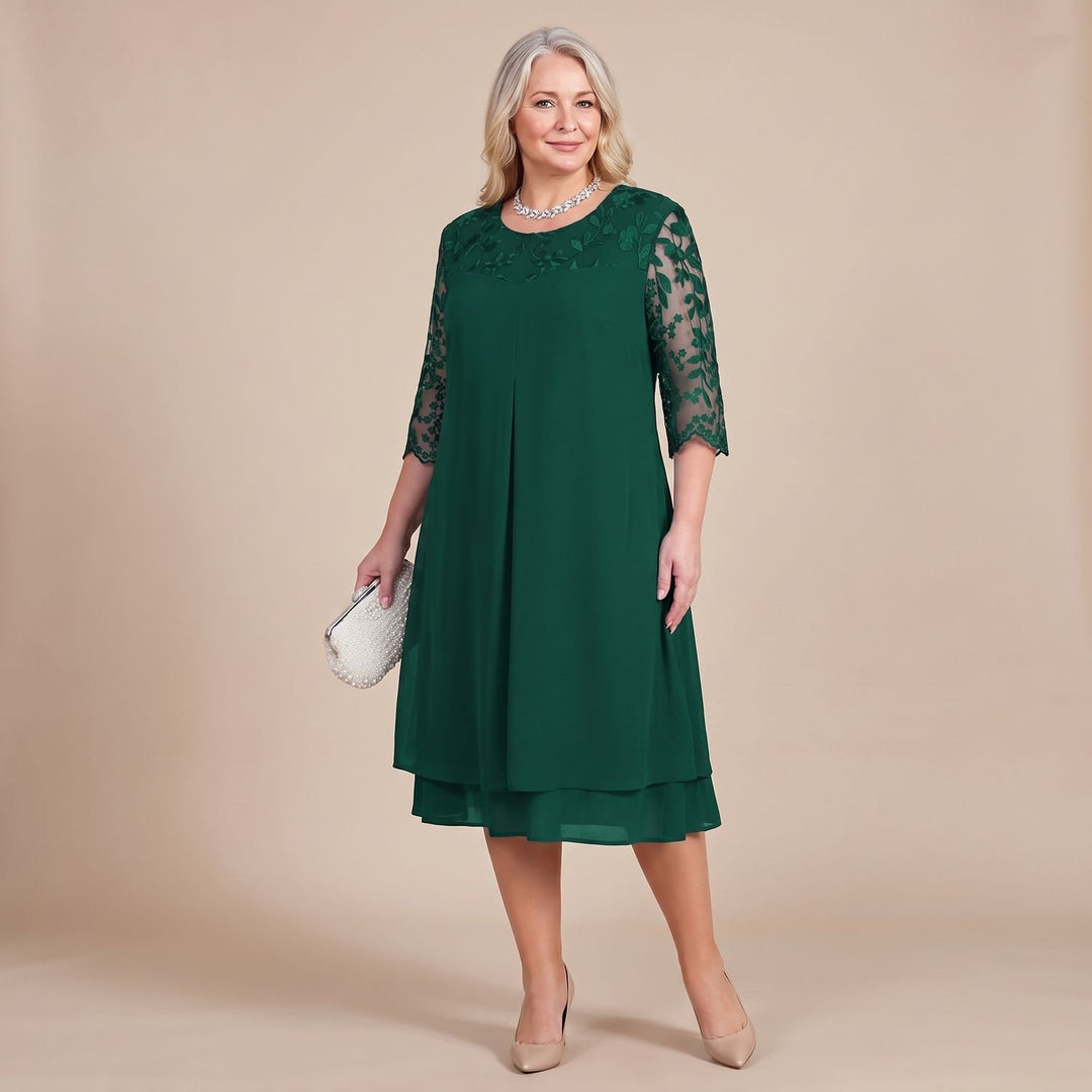 Damen Plus-Size elegantes Midi-Cocktailkleid mit Spitzenärmeln A-Linie - Grün
