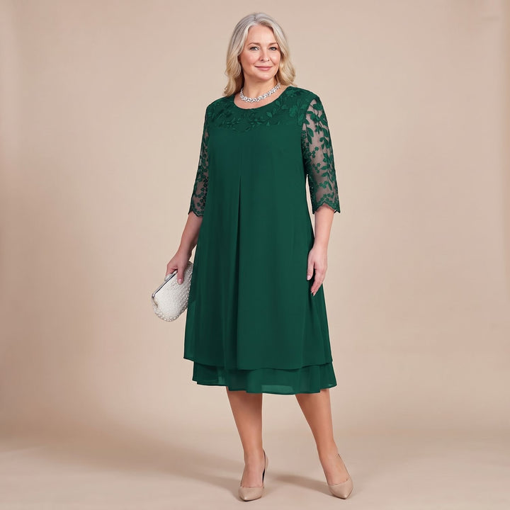 Damen Plus-Size elegantes Midi-Cocktailkleid mit Spitzenärmeln A-Linie - Grün