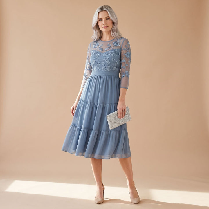 Damen Plus-Size elegantes Midi-Cocktailkleid mit Spitzenärmeln A-Linie - Himmelblau