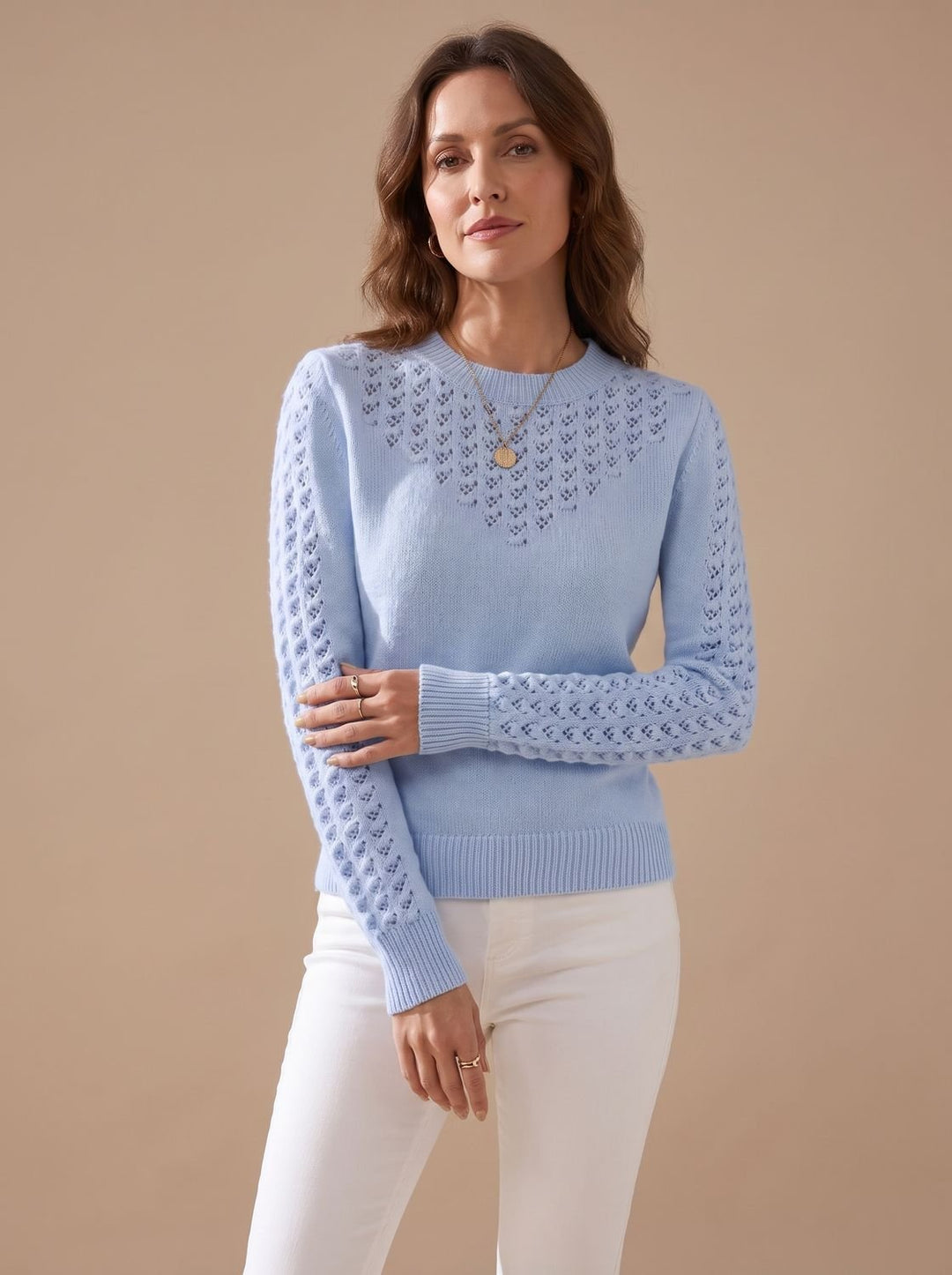 Damen Pointelle-Strick Rundhals Langarm Pullover - Hellblau