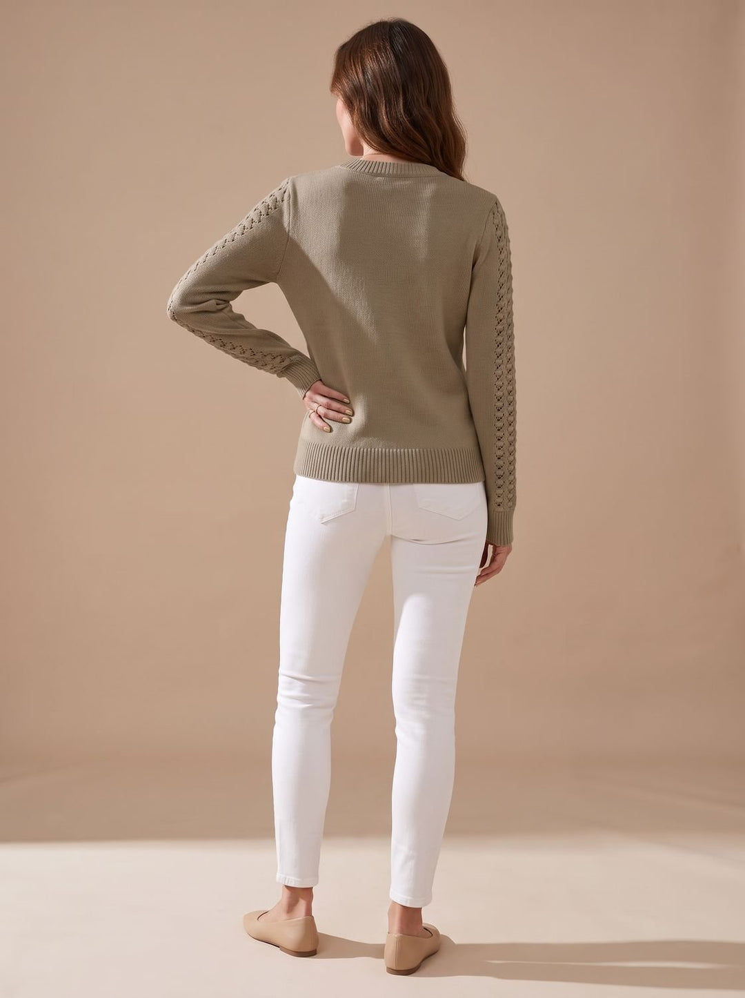 Damen Pointelle-Strick Rundhals Langarm Pullover