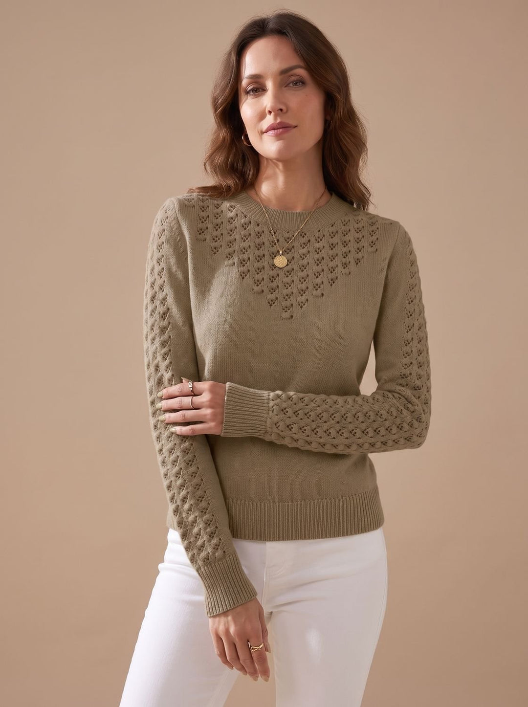 Damen Pointelle-Strick Rundhals Langarm Pullover - Braun