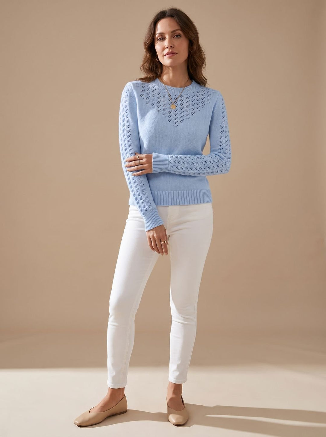 Damen Pointelle-Strick Rundhals Langarm Pullover