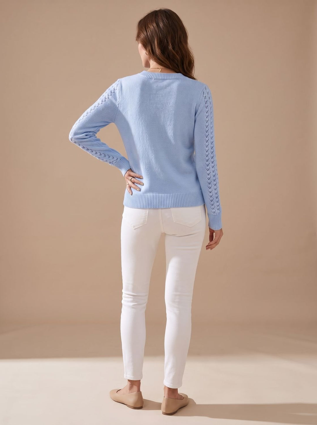 Damen Pointelle-Strick Rundhals Langarm Pullover