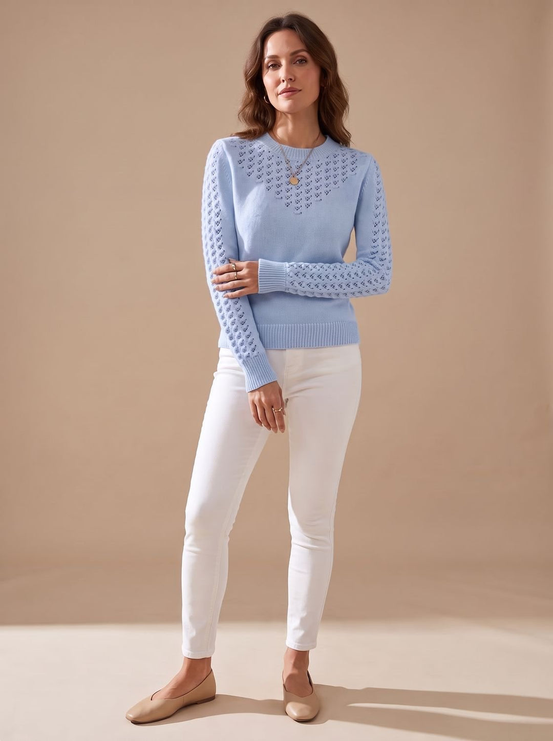 Damen Pointelle-Strick Rundhals Langarm Pullover