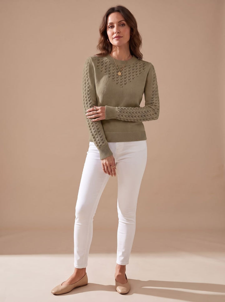Damen Pointelle-Strick Rundhals Langarm Pullover