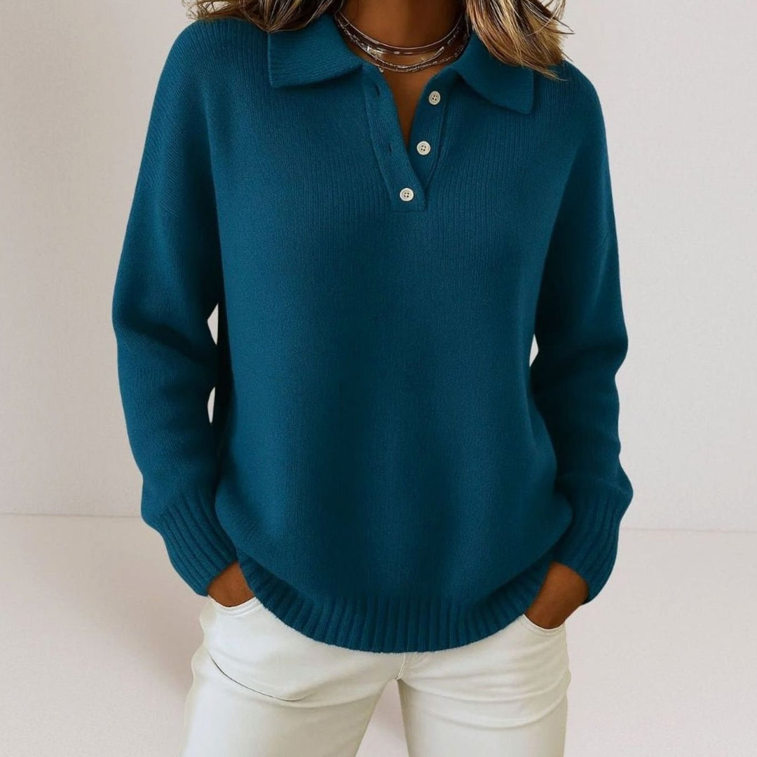 Damen Polo-Kragen Strickpullover mit Knopfleiste Relaxed Fit - Dunkelblau