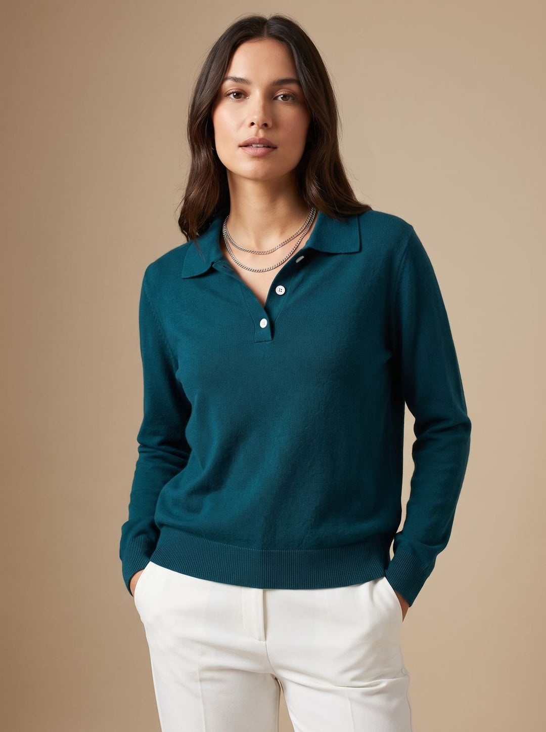 Damen Polo-Kragen Strickpullover mit Knopfleiste Relaxed Fit, Light Blue - Dunkelblau