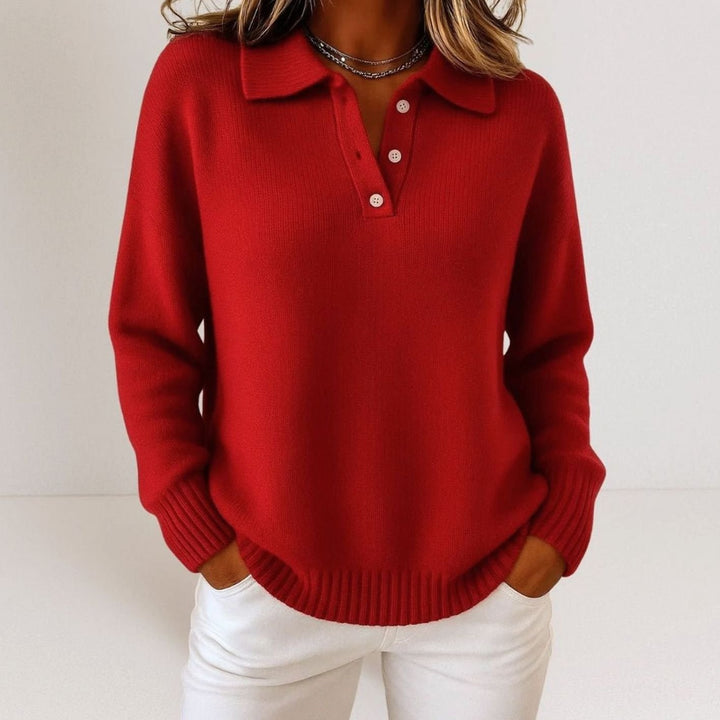 Damen Polo-Kragen Strickpullover mit Knopfleiste Relaxed Fit - Rot