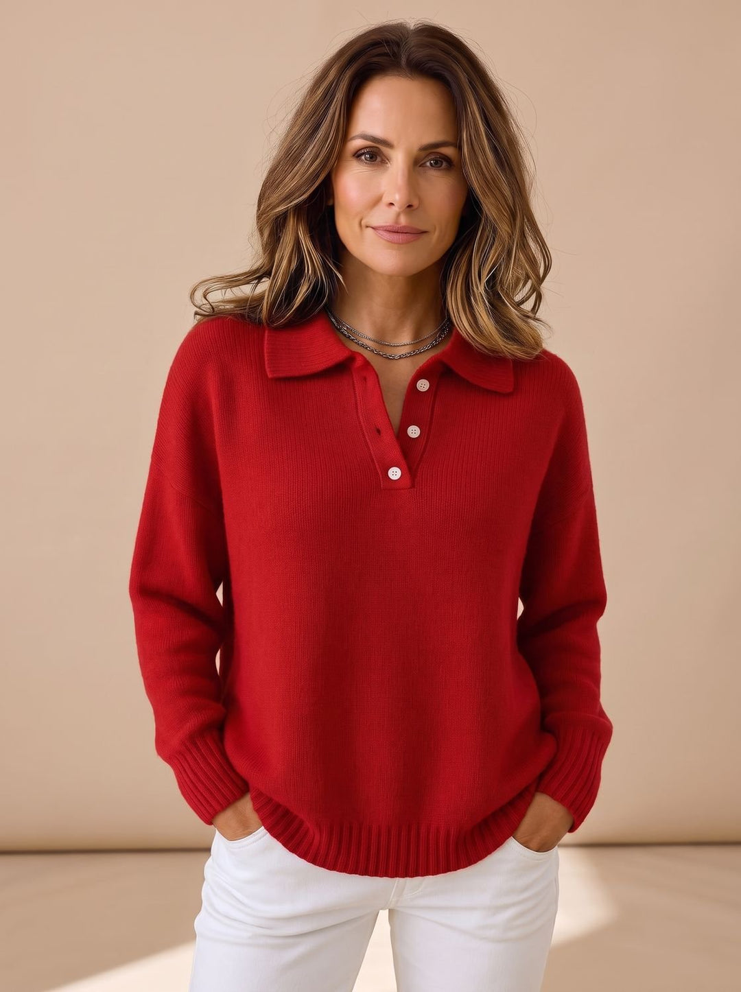 Damen Polo-Kragen Strickpullover mit Knopfleiste Relaxed Fit, Light Blue - Rot