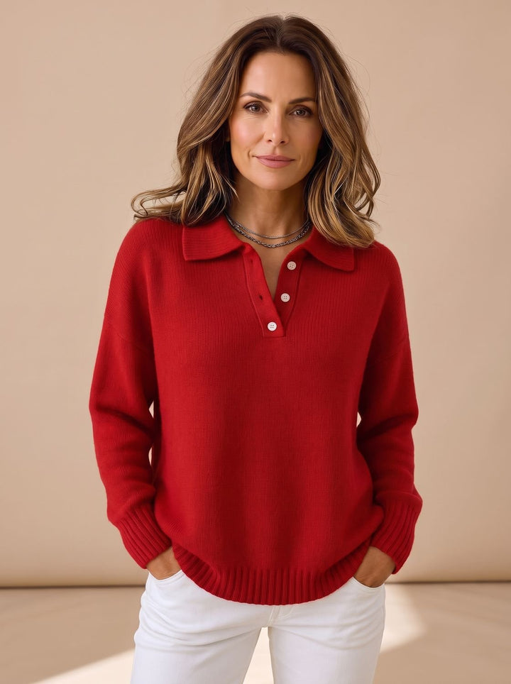 Damen Polo-Kragen Strickpullover mit Knopfleiste Relaxed Fit, Light Blue - Rot