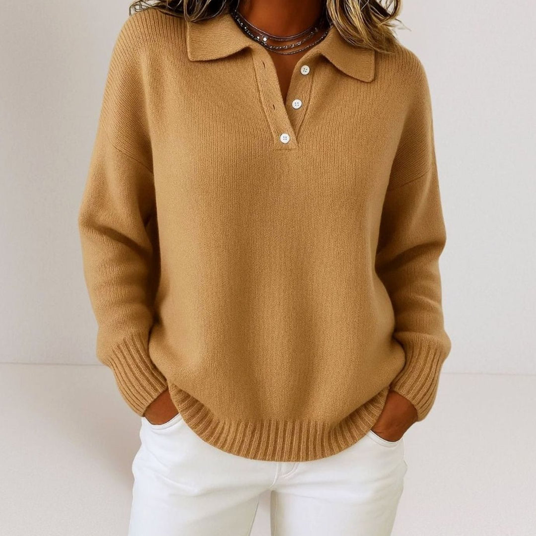 Damen Polo-Kragen Strickpullover mit Knopfleiste Relaxed Fit - Braun