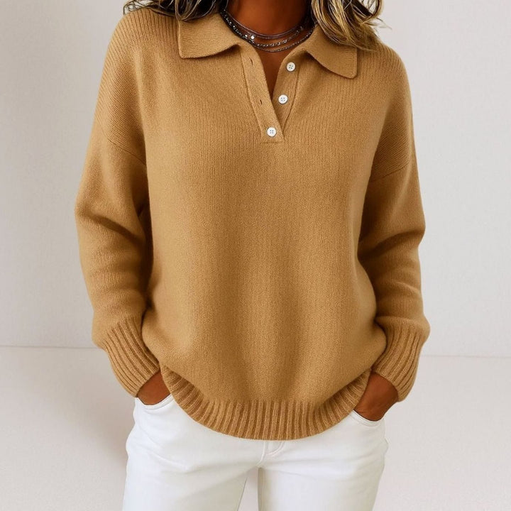Damen Polo-Kragen Strickpullover mit Knopfleiste Relaxed Fit - Braun