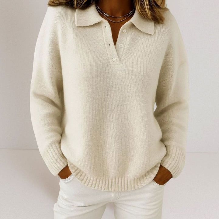 Damen Polo-Kragen Strickpullover mit Knopfleiste Relaxed Fit - Weiß
