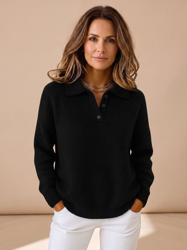 Damen Polo-Kragen Strickpullover mit Knopfleiste Relaxed Fit, Light Blue - Schwarz