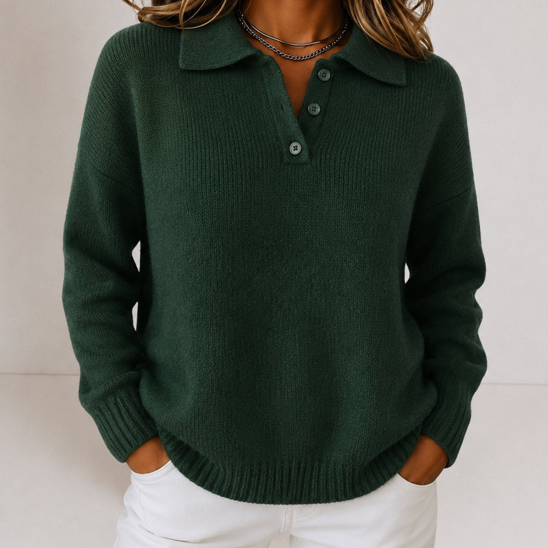 Damen Polo-Kragen Strickpullover mit Knopfleiste Relaxed Fit - Grün