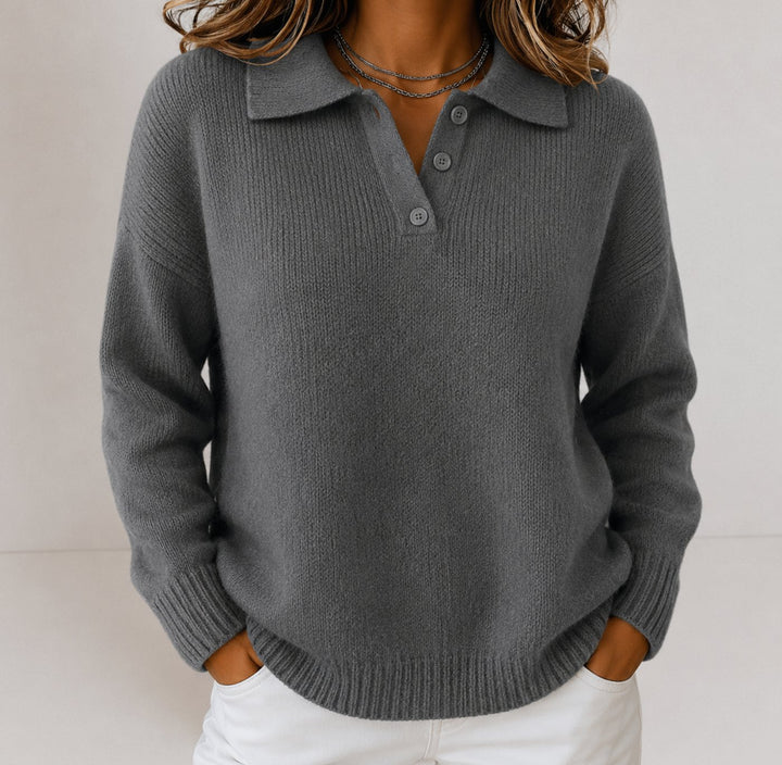 Damen Polo-Kragen Strickpullover mit Knopfleiste Relaxed Fit - Grau