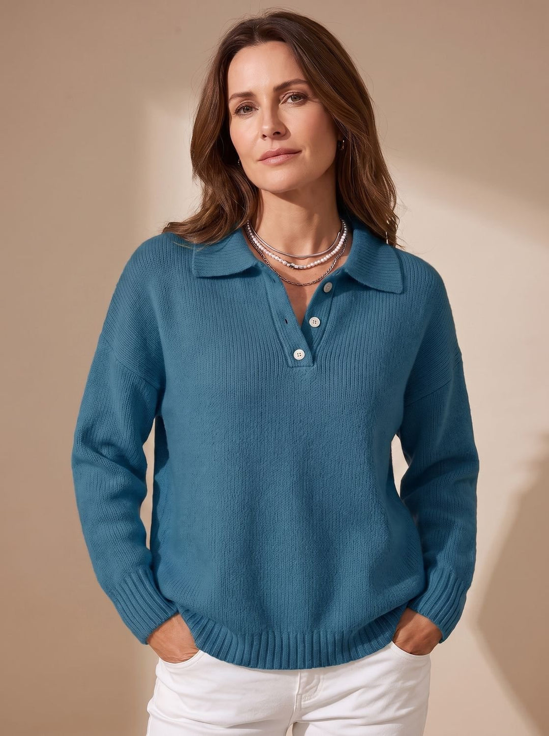 Damen Polo-Pullover Langarm Strick mit Knopfleiste - Pfauenblau