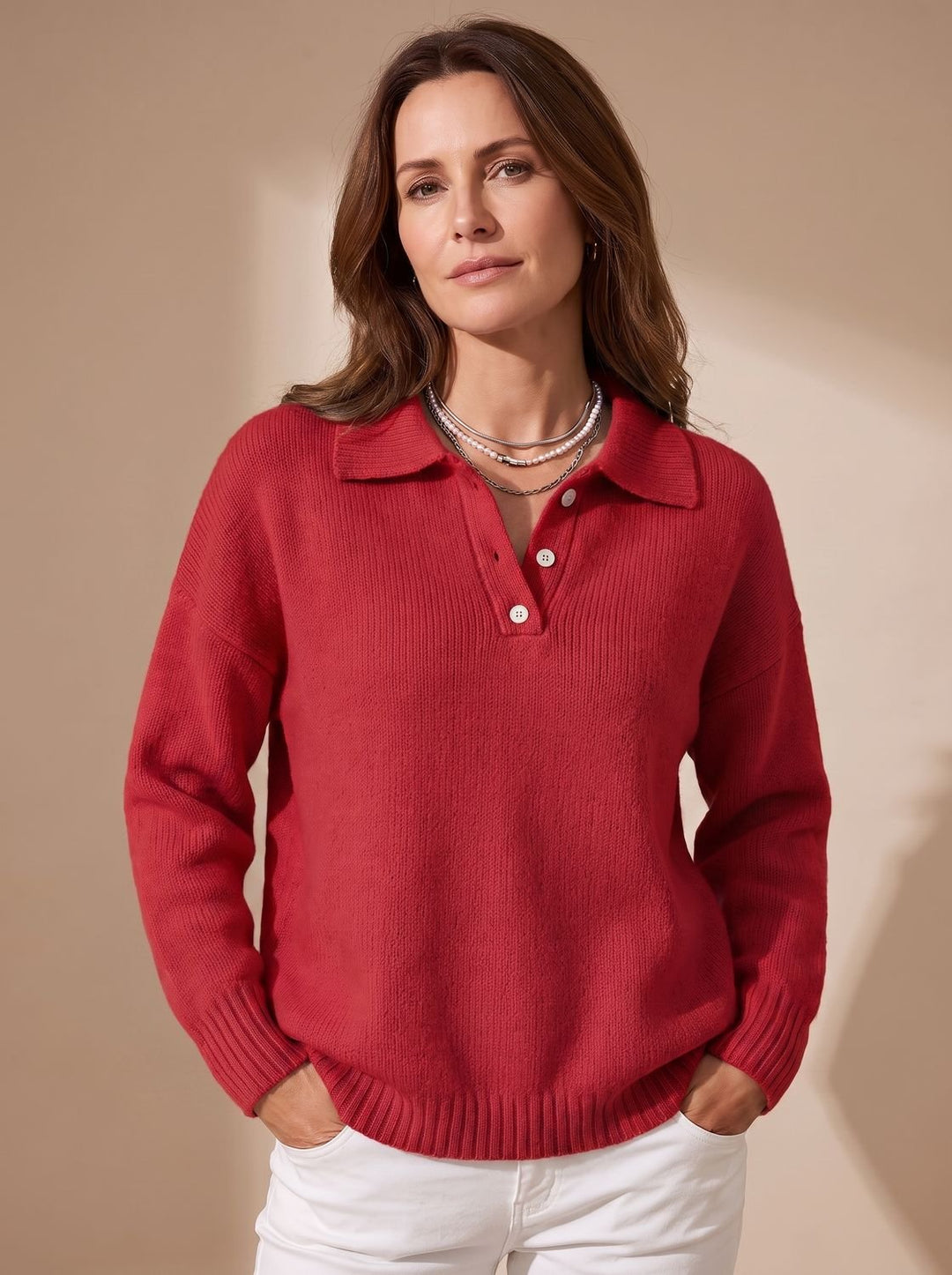 Damen Polo-Pullover Langarm Strick mit Knopfleiste - Rot