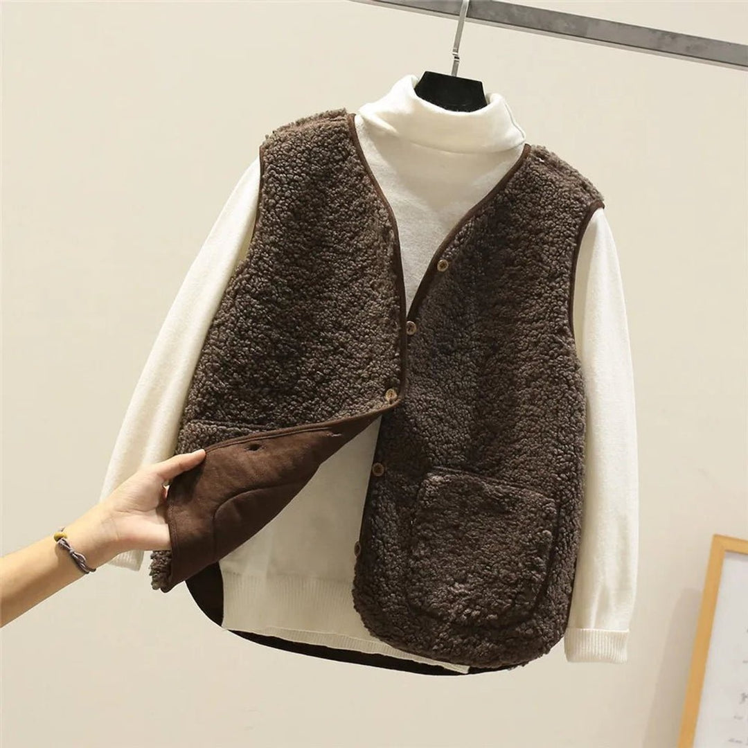 Damen Puffer Vest Teddyfleece Weste mit Knopfleiste - Braun