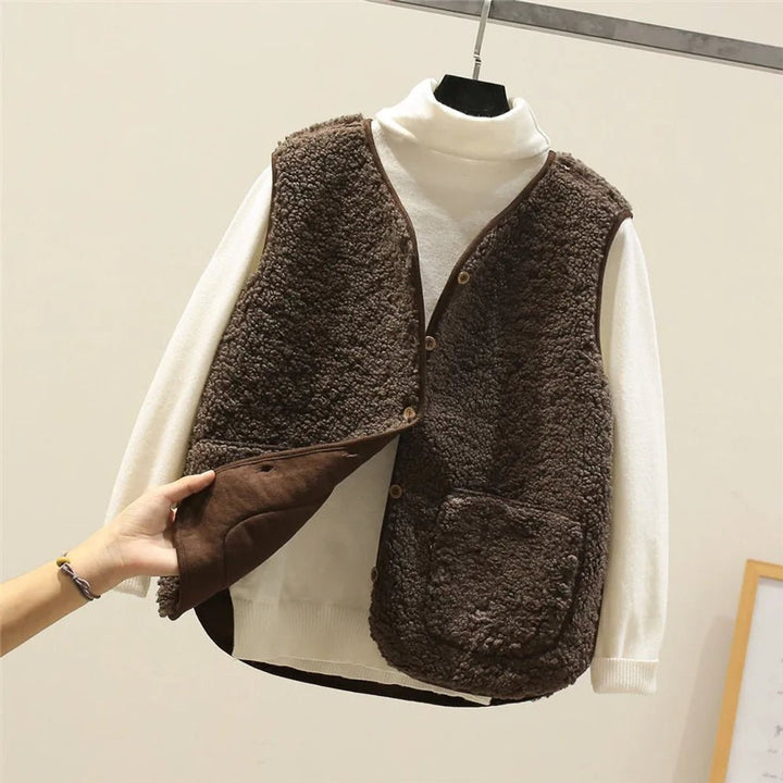 Damen Puffer Vest Teddyfleece Weste mit Knopfleiste - Braun