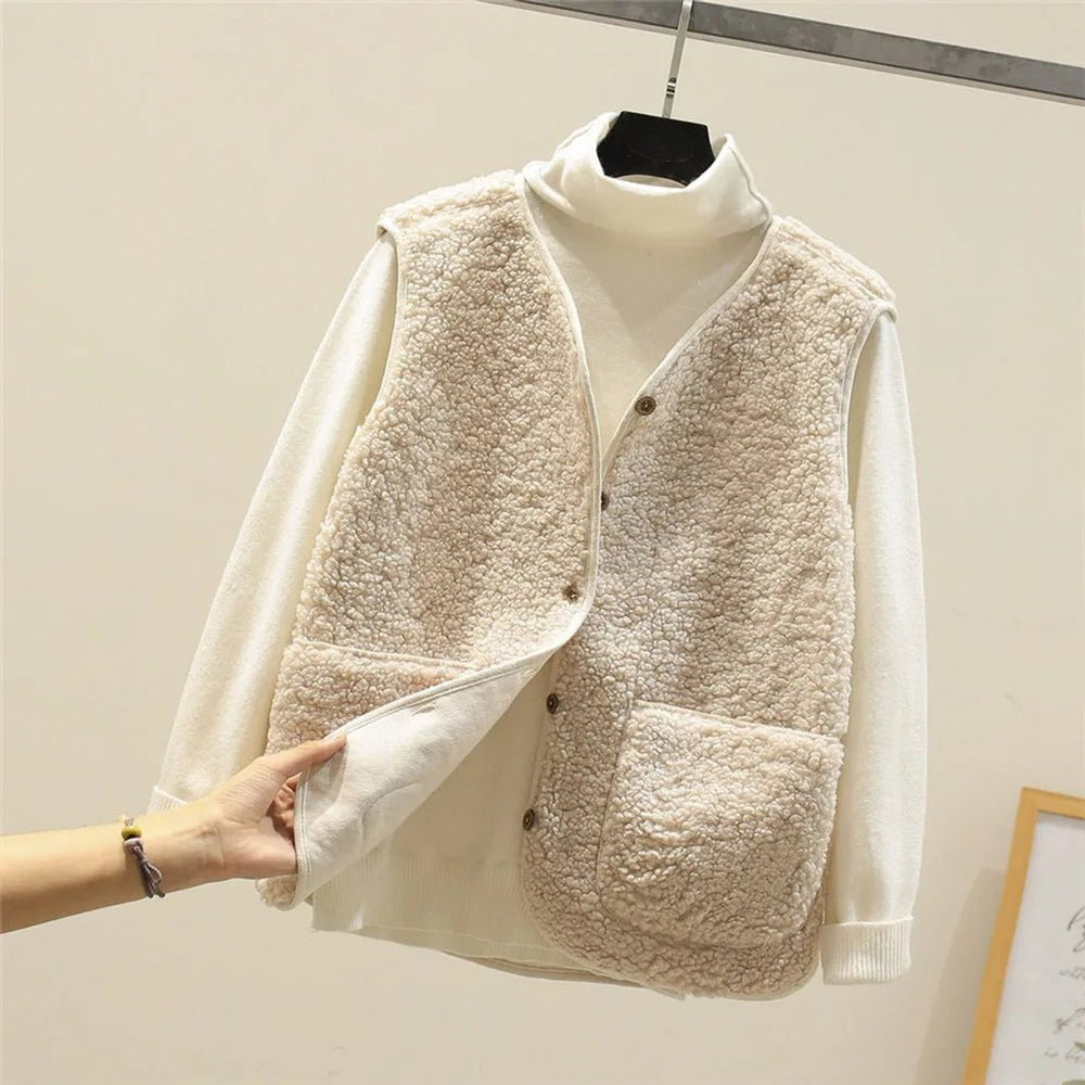 Damen Puffer Vest Teddyfleece Weste mit Knopfleiste - Beige