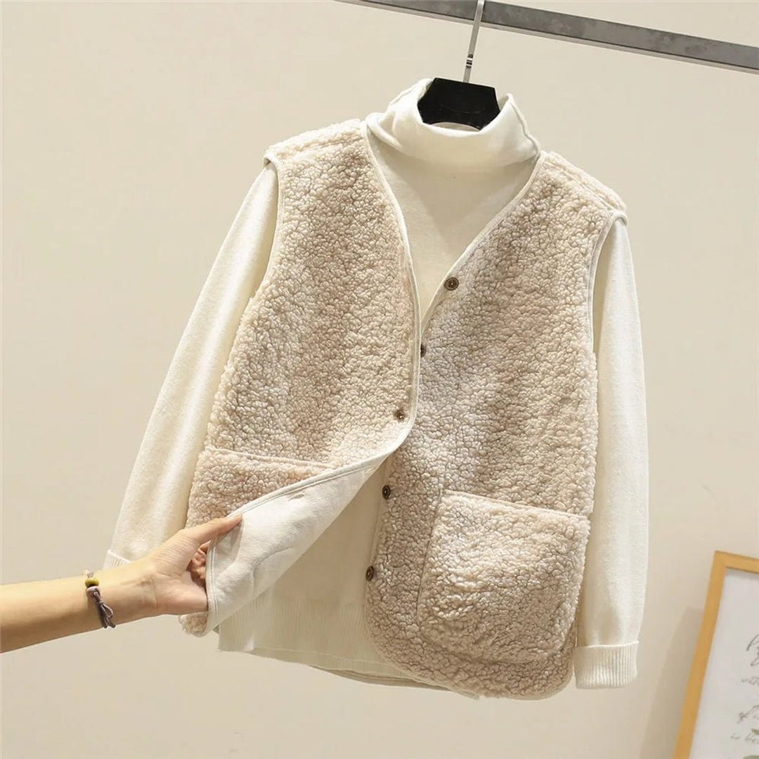 Damen Puffer Vest Teddyfleece Weste mit Knopfleiste - Beige