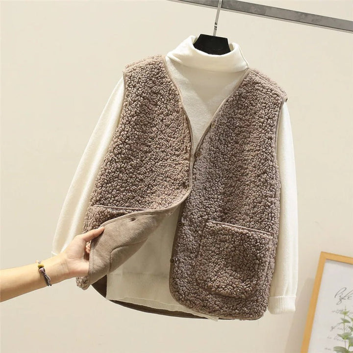 Damen Puffer Vest Teddyfleece Weste mit Knopfleiste - Khaki