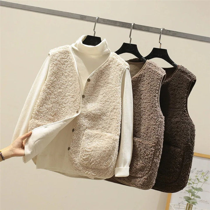 Damen Puffer Vest Teddyfleece Weste mit Knopfleiste