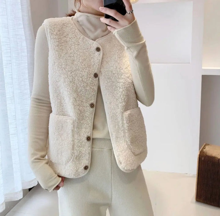Damen Puffer Vest Teddyfleece Weste mit Knopfleiste