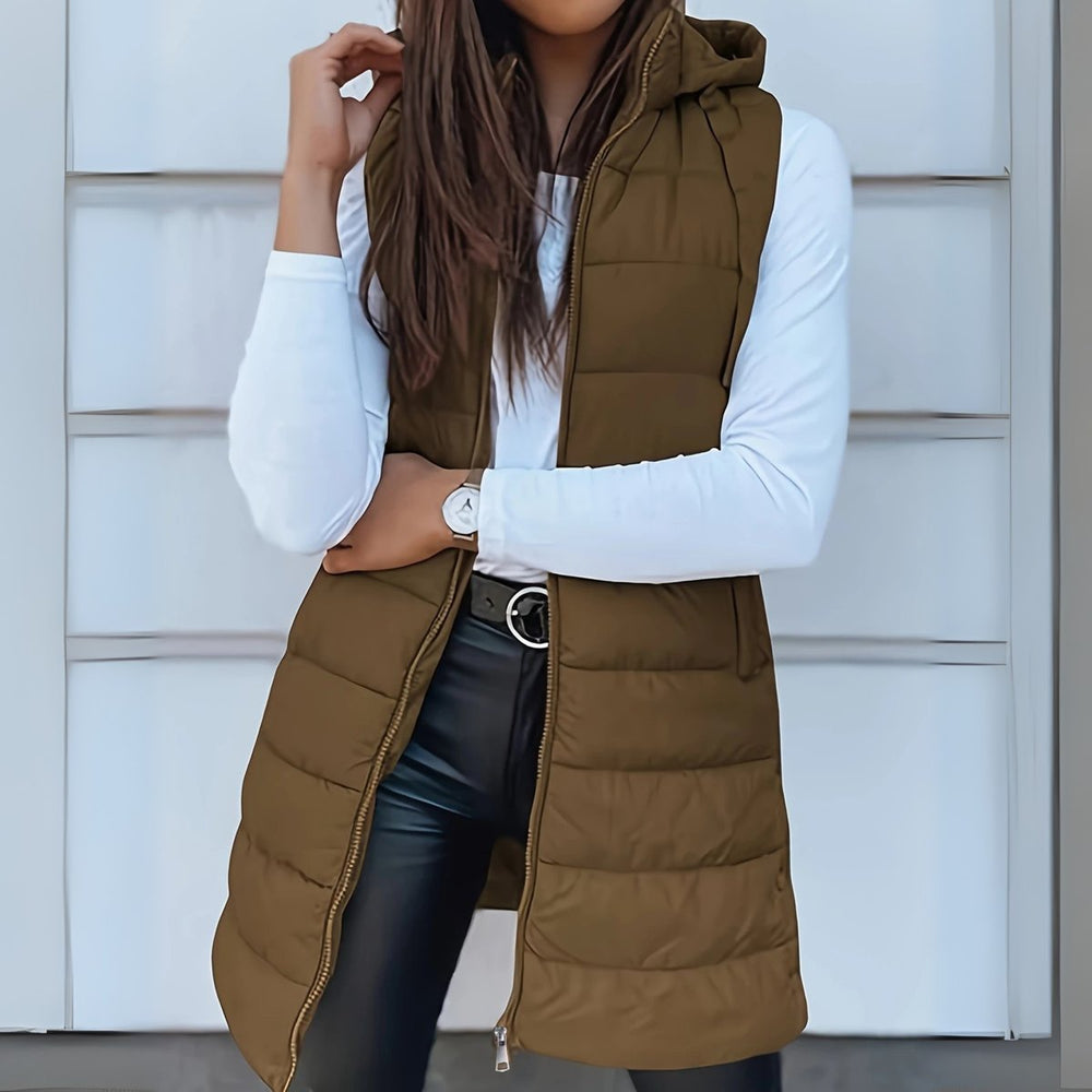 Damen Puffer Weste mit Kapuze Ärmellose Lange Steppweste - Khaki