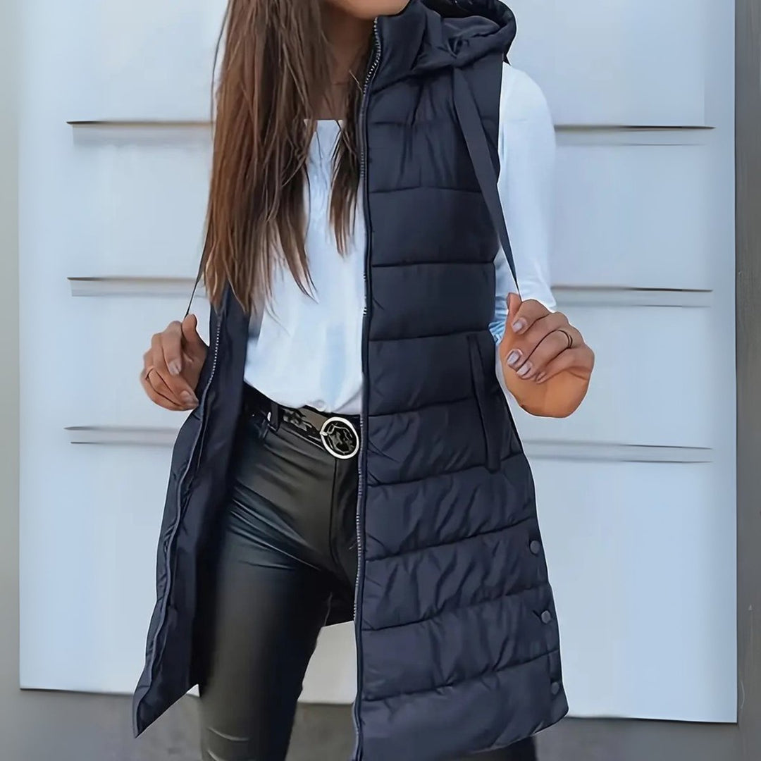 Damen Puffer Weste mit Kapuze Ärmellose Lange Steppweste - Marineblau