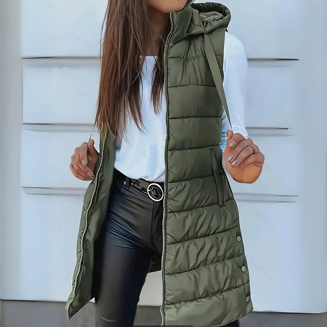 Damen Puffer Weste mit Kapuze Ärmellose Lange Steppweste - Olivgrün