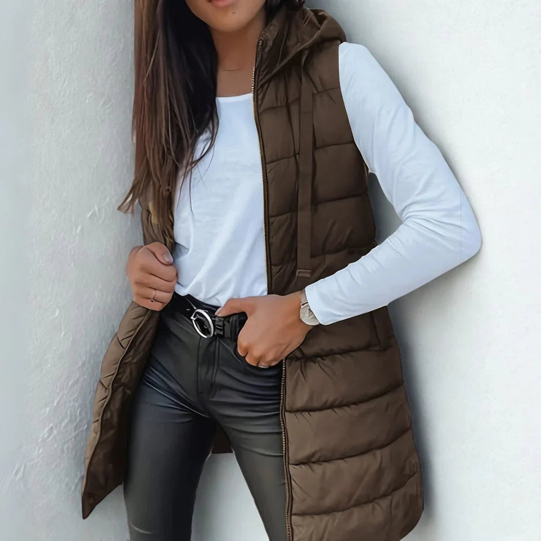 Damen Puffer Weste mit Kapuze Ärmellose Lange Steppweste - Braun