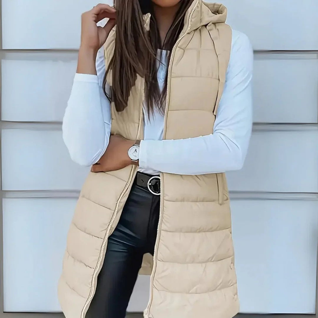 Damen Puffer Weste mit Kapuze Ärmellose Lange Steppweste - Beige