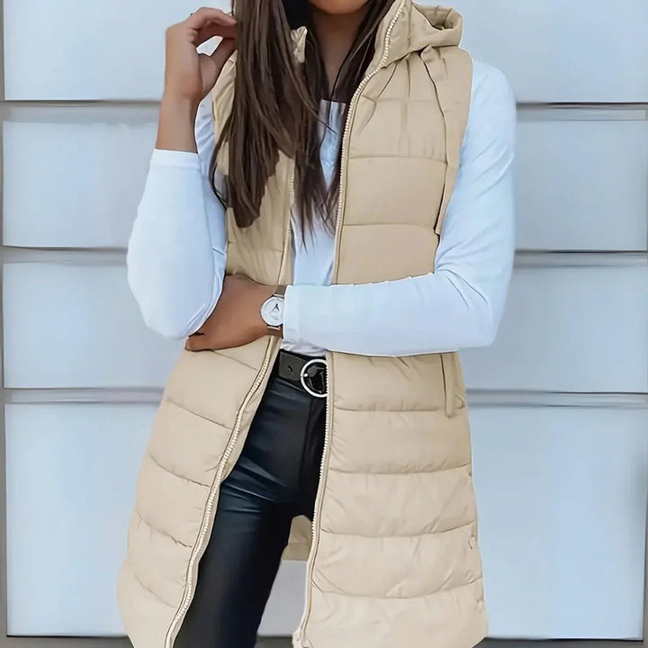Damen Puffer Weste mit Kapuze Ärmellose Lange Steppweste - Beige
