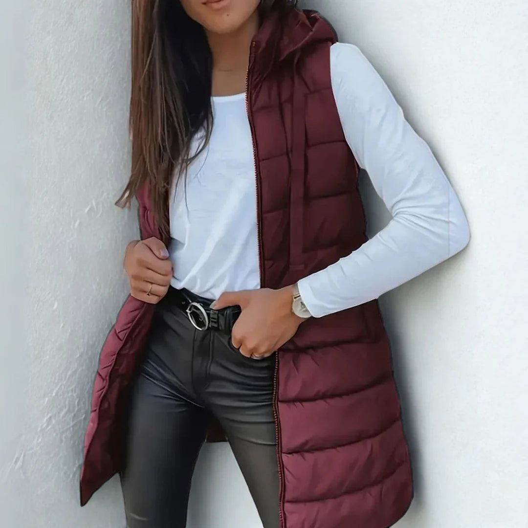 Damen Puffer Weste mit Kapuze Ärmellose Lange Steppweste - Kastanienbraun