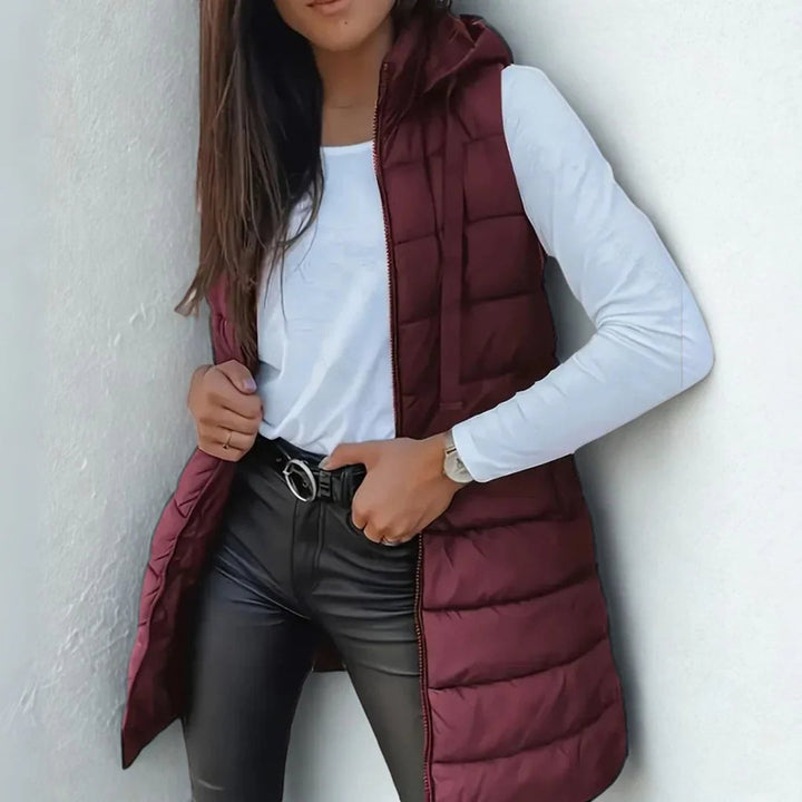 Damen Puffer Weste mit Kapuze Ärmellose Lange Steppweste - Kastanienbraun