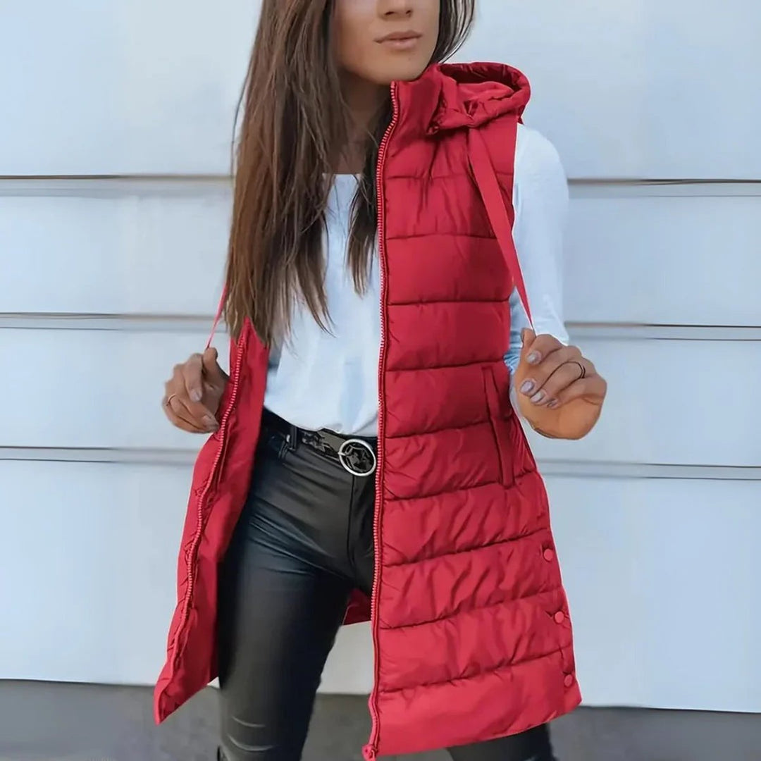 Damen Puffer Weste mit Kapuze Ärmellose Lange Steppweste - Rot